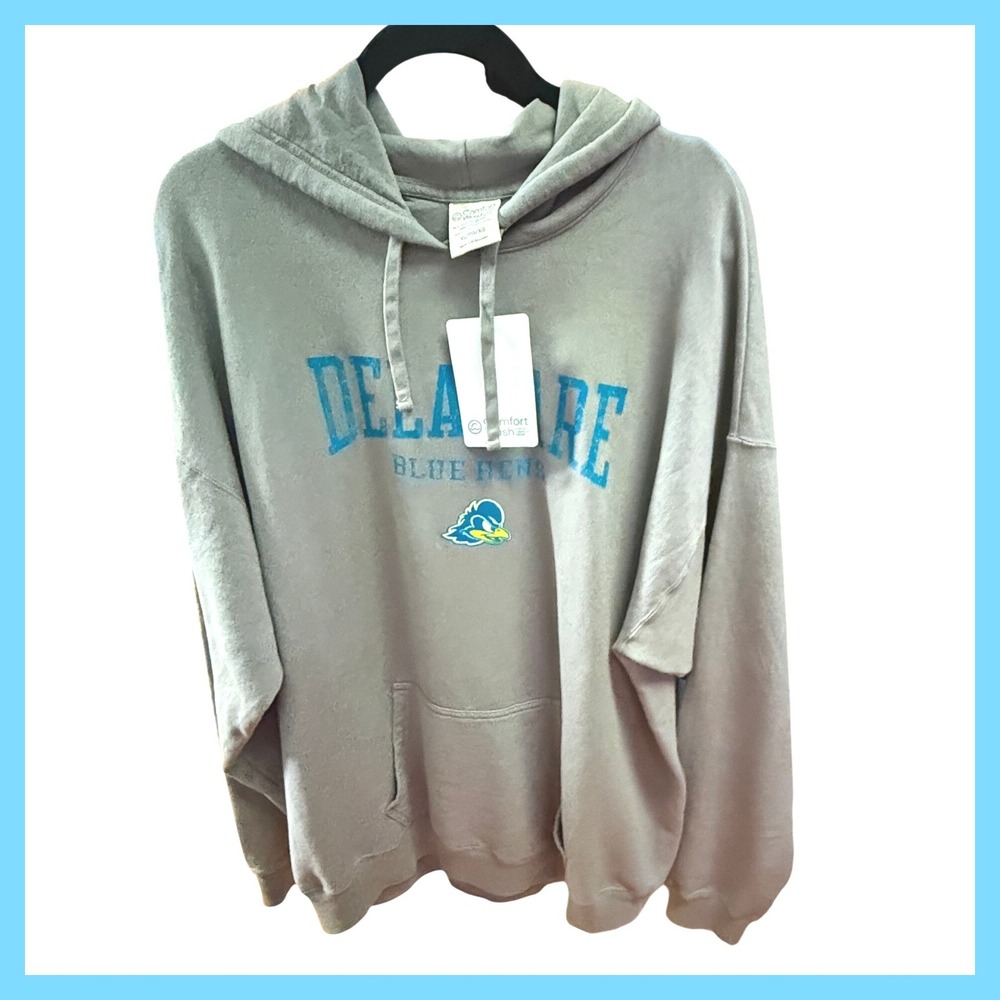 NWT Comfort Wash Delaware Blue Hens Hoodie Gray Distressed Graphic Sweatshirt XL